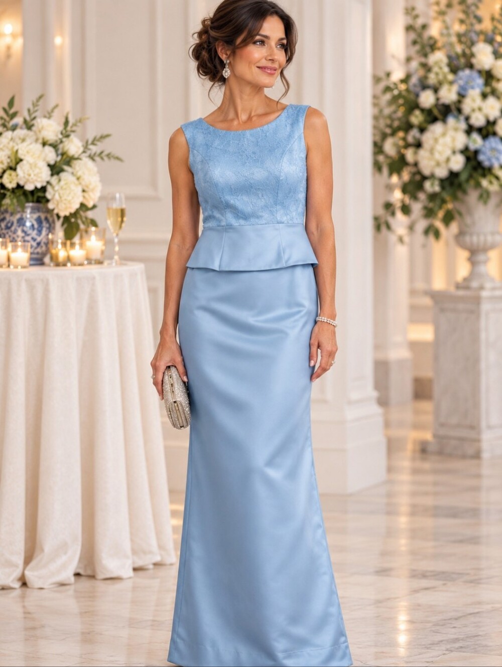 Karen Miller NY Sky Blue Satin Beaded Popover Bodice Gala Formal Gown Sz 6